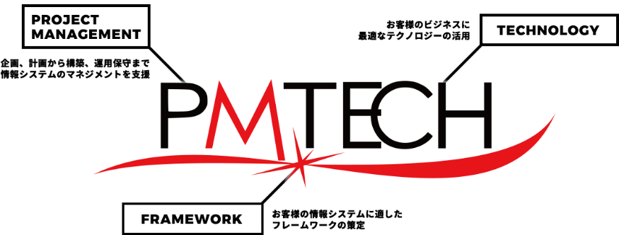 PMTECH 「PROJECT MANAGEMENT」企画、計画から構築、運用保守まで情報システムのマネジメントを支援。 「TECHNOLOGY」お客様のビジネスに最適なテクノロジーの活用 「FRAMEWORK」お客様の情報システムに適したフレームワークの策定